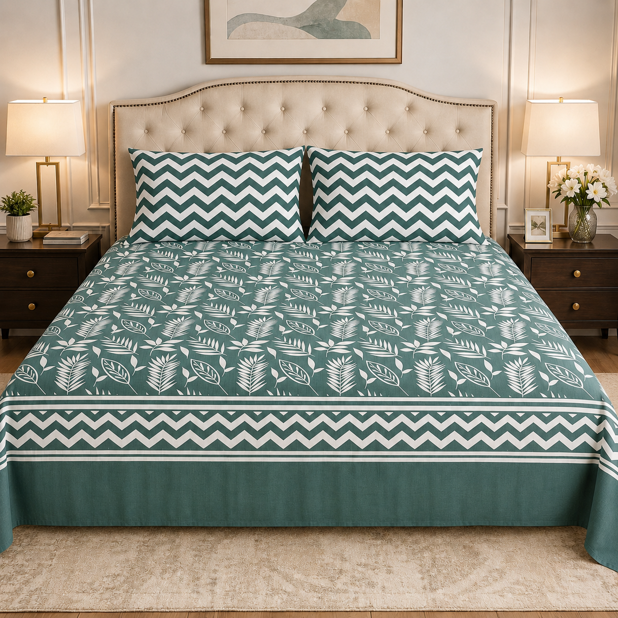 Emerald Leaf Chevron Cotton Bedsheet Set – 3 Pcs