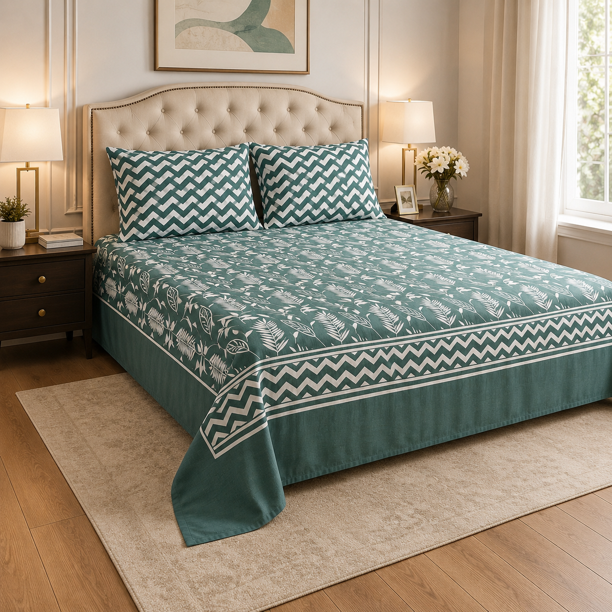 Emerald Leaf Chevron Cotton Bedsheet Set – 3 Pcs