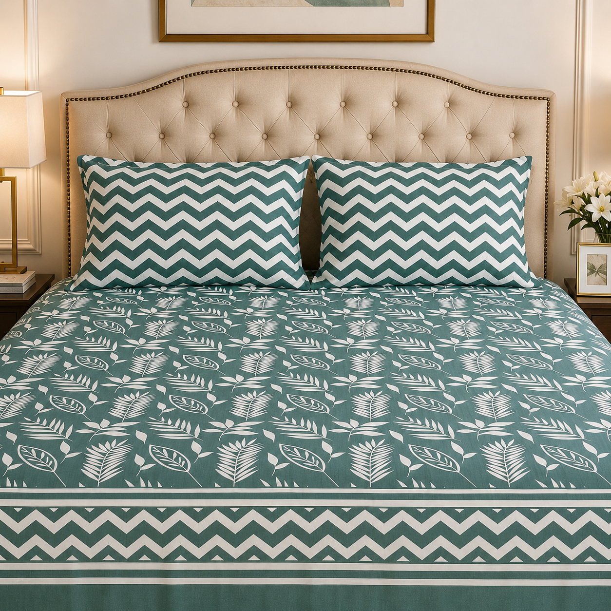 Emerald Leaf Chevron Cotton Bedsheet Set – 3 Pcs