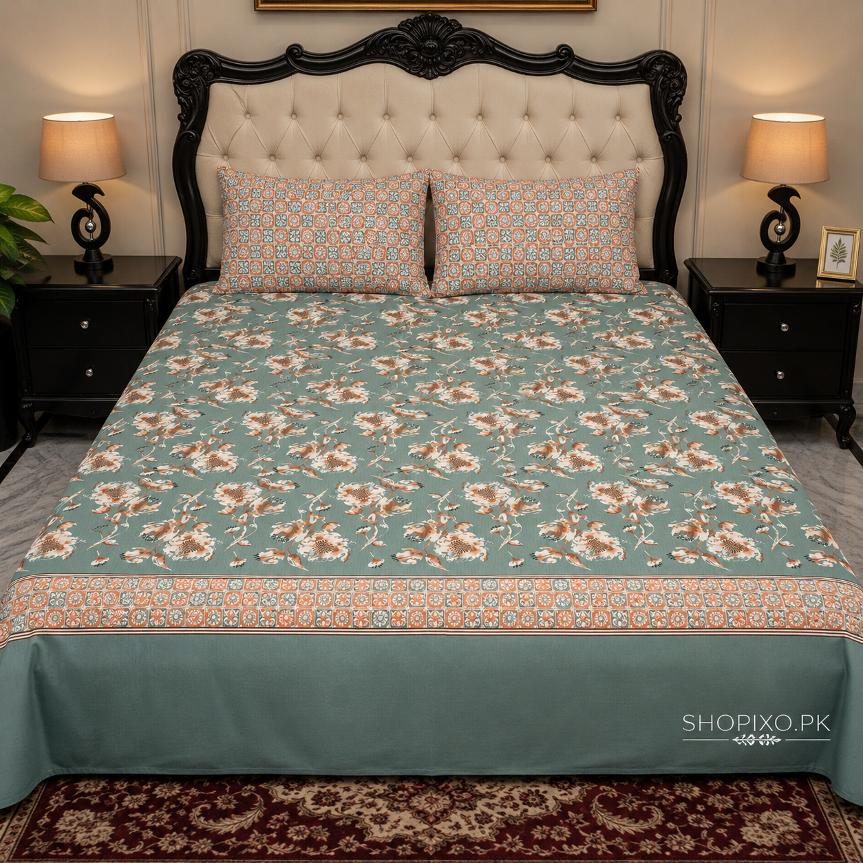 Sage Bloom Mosaic Bedsheet Set – 3 Pcs