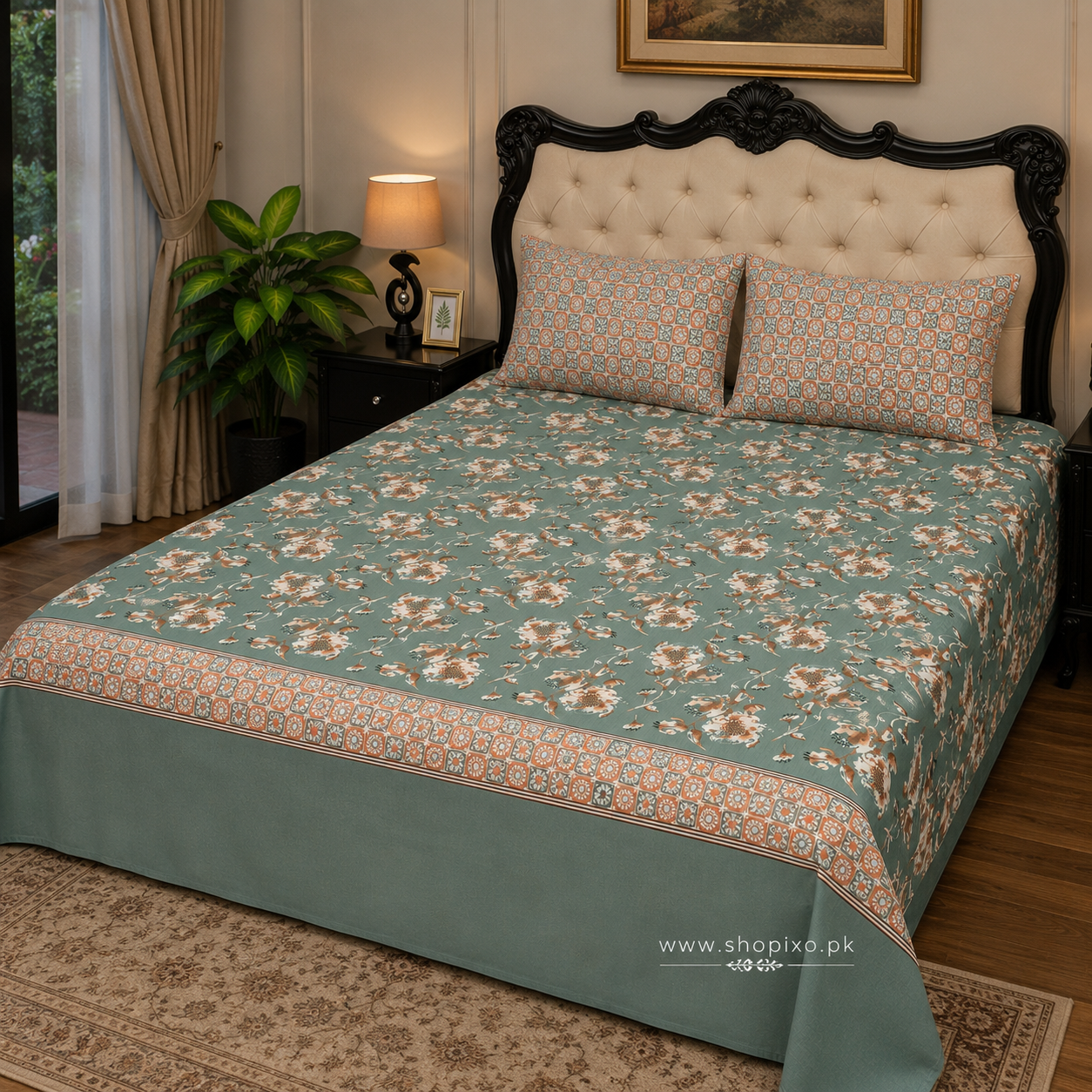Sage Bloom Mosaic Bedsheet Set – 3 Pcs