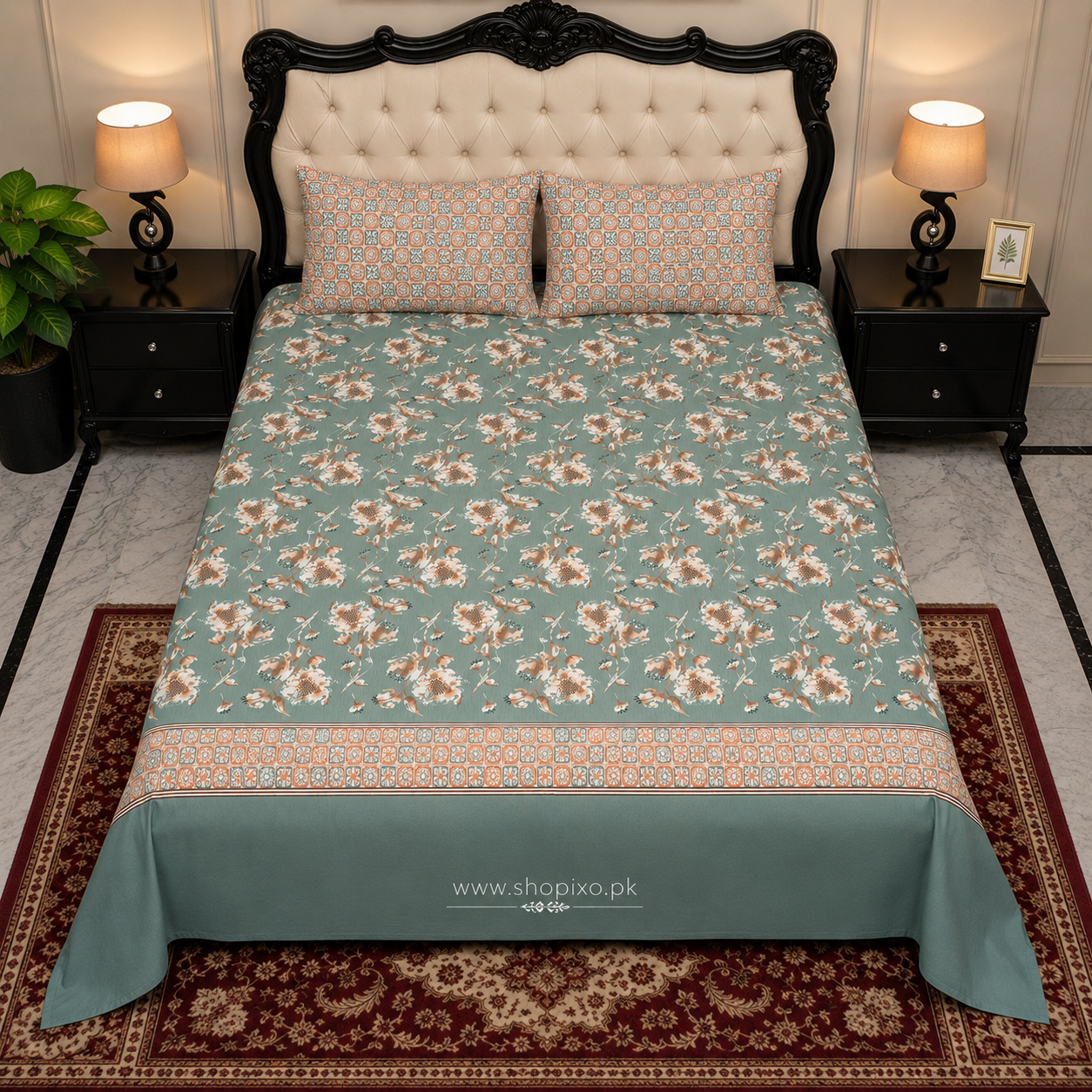 Sage Bloom Mosaic Bedsheet Set – 3 Pcs