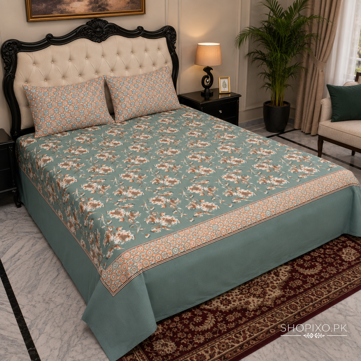 Sage Bloom Mosaic Bedsheet Set – 3 Pcs