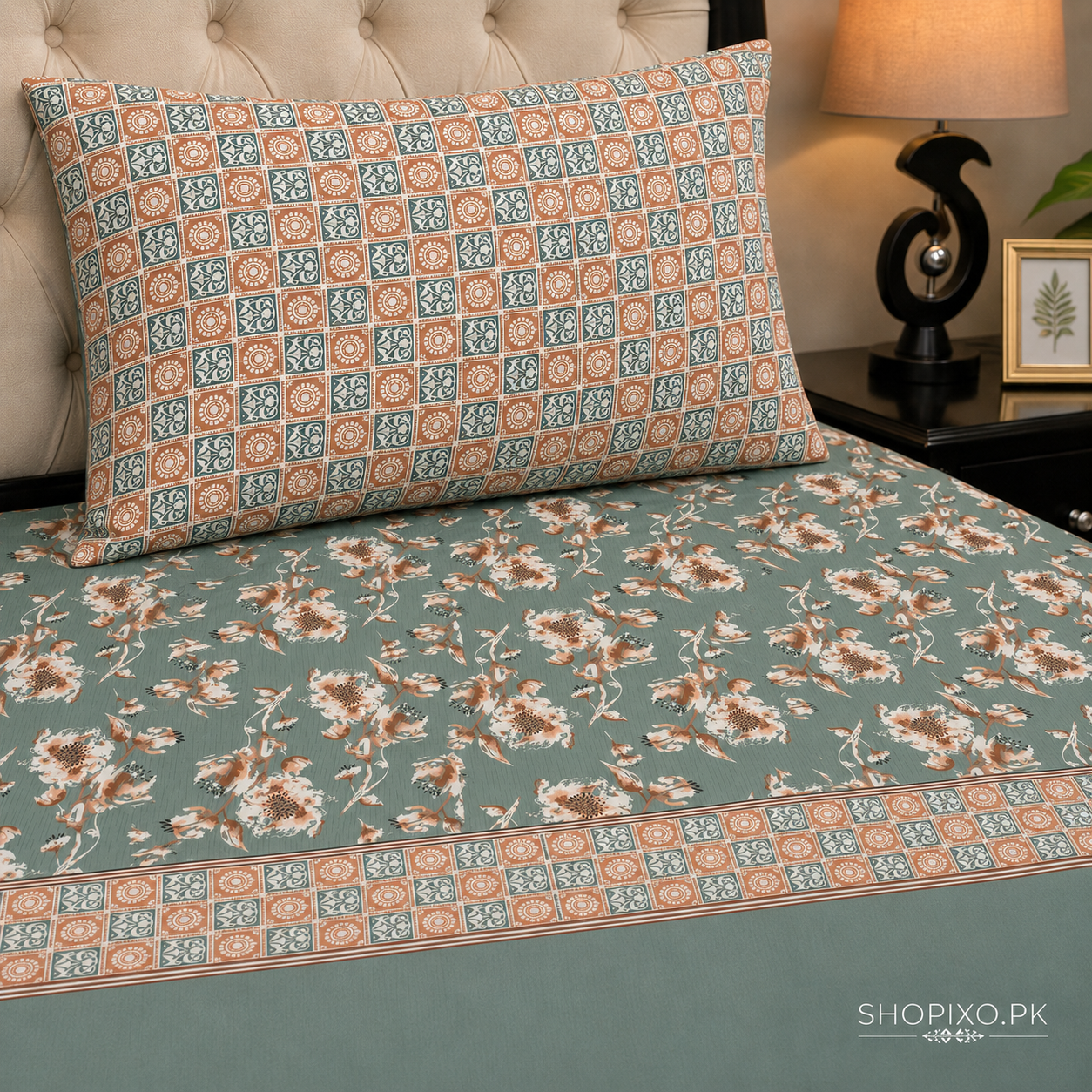 Sage Bloom Mosaic Bedsheet Set – 3 Pcs